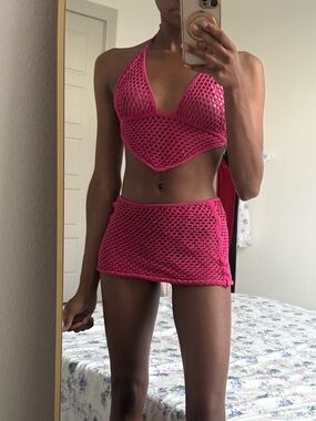 Voight Hot Pink Bon Bon Crochet Swim Coverup Set - Halter Top & Mini Skirt